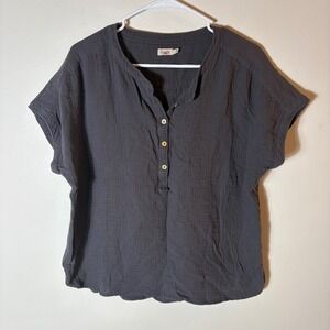 Faherty Organic Cotton Gauze Henley‎ Top Charcoal Gray Short Sleeve Size Large
